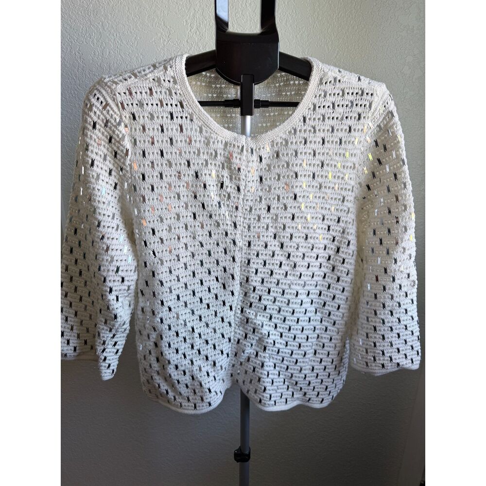 Chicos 100% Cotton Open Knit Cardigan White Silver Mirrored Sequins 2/Large